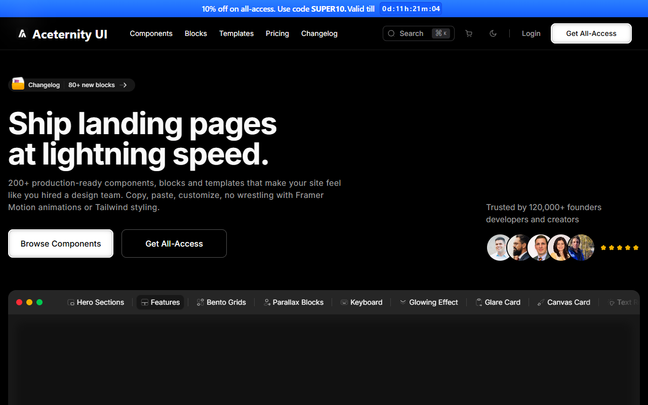 Aceternity UI homepage showcasing animated React components with Framer Motion effects including 3D cards and parallax scrolling