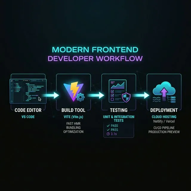 The modern developer workflow: from code editor to build, test, and deploy.