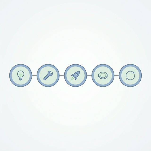 Minimal illustration showing five connected steps to build a SaaS: idea, tools, launch, payments, and iterate