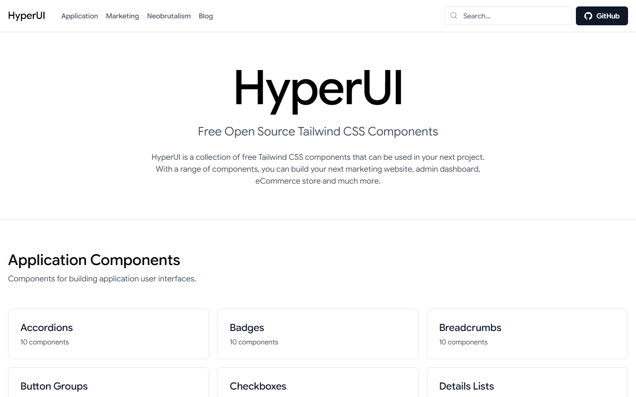 HyperUI homepage displaying free open-source Tailwind CSS components built with pure HTML and utility classes
