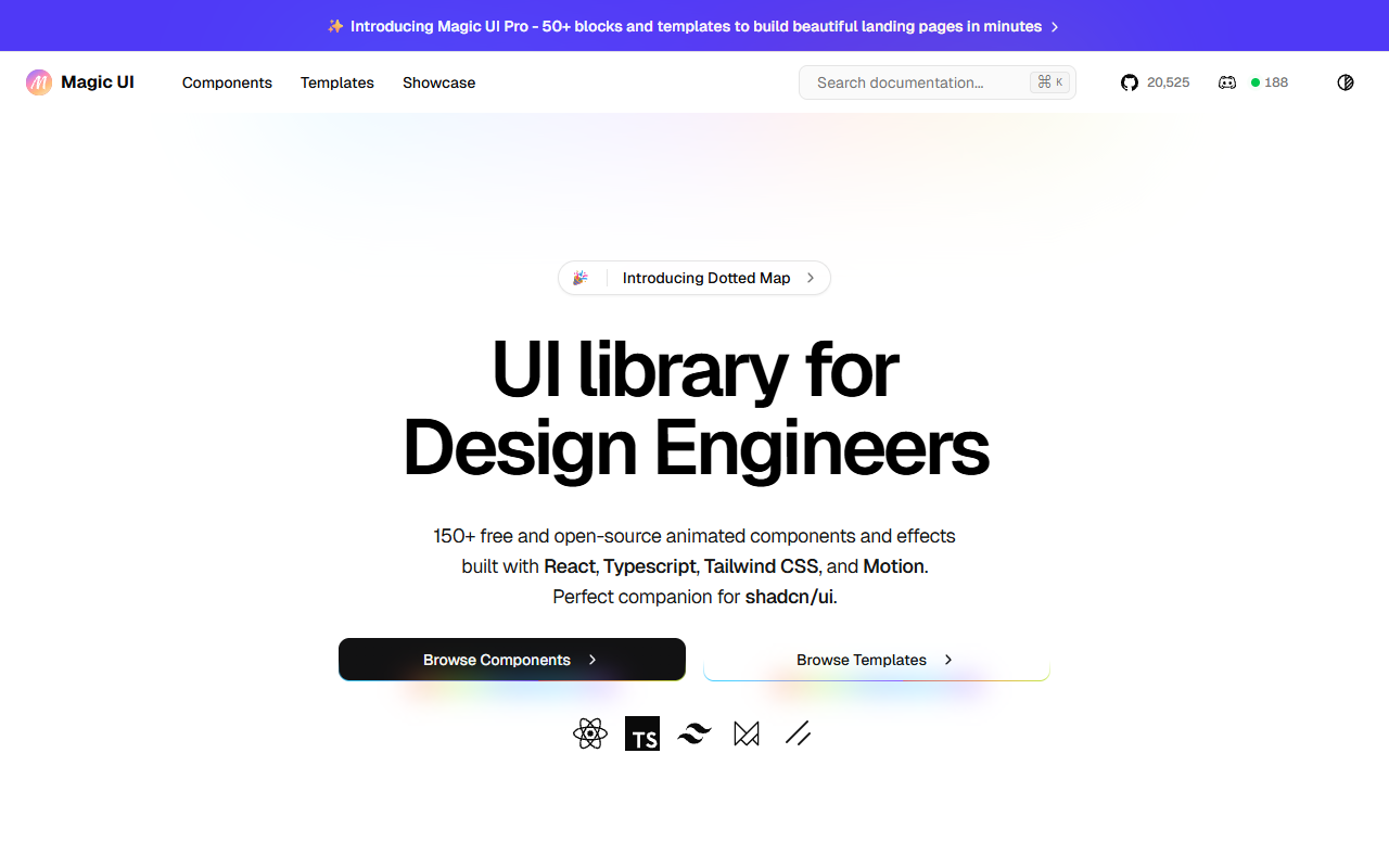 Magic UI homepage featuring immersive 3D micro-interactions, glowing borders, and dark-mode-first bento grid components