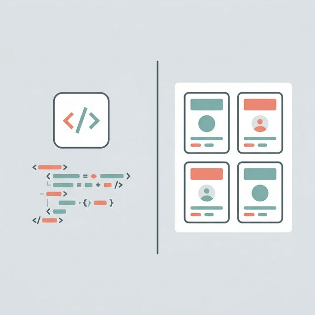 Split illustration comparing traditional code editor with a clean visual no-code builder interface