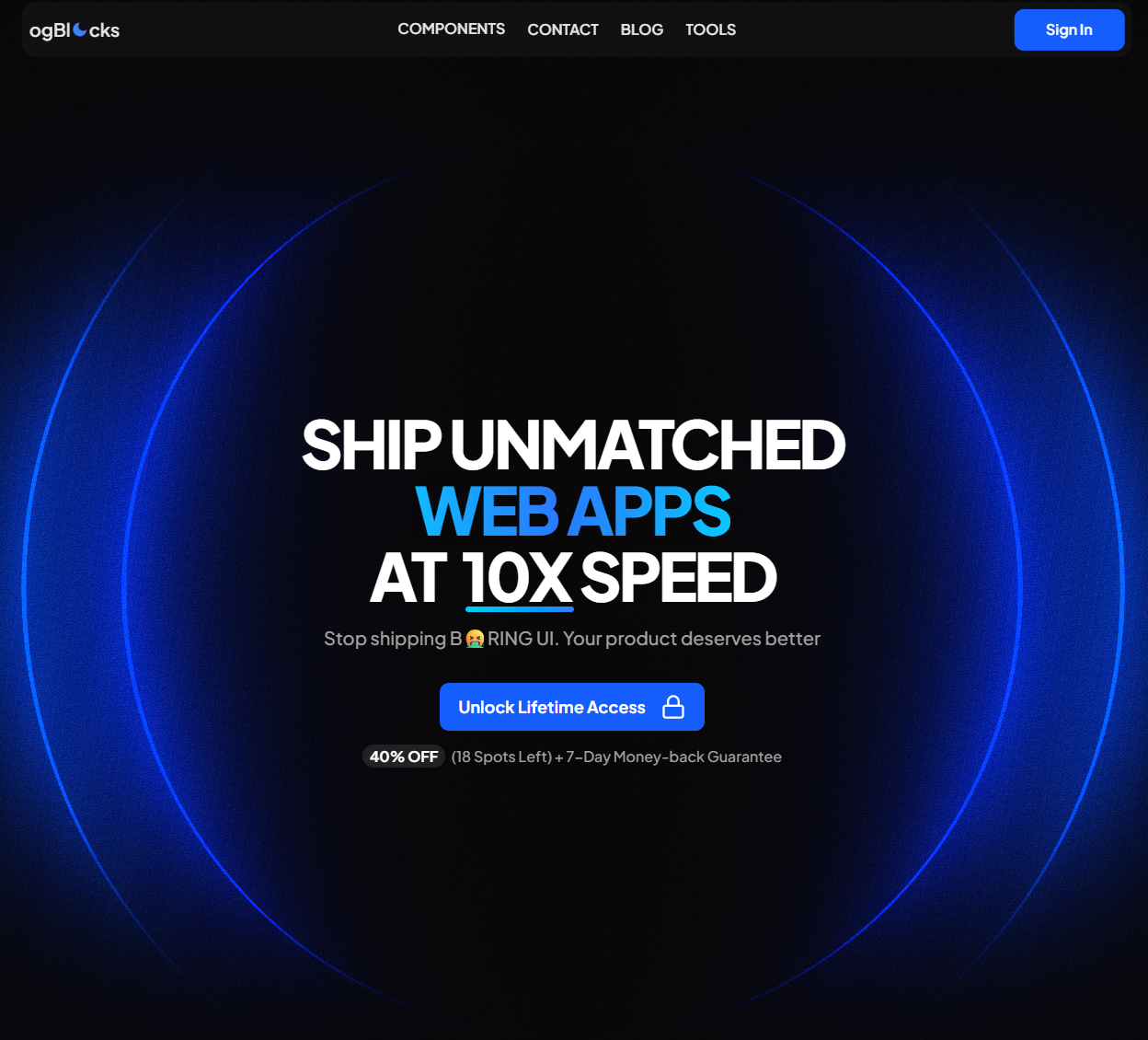 ogBlocks homepage displaying beautifully crafted animated React components built with Next.js, Tailwind CSS, and Framer Motion