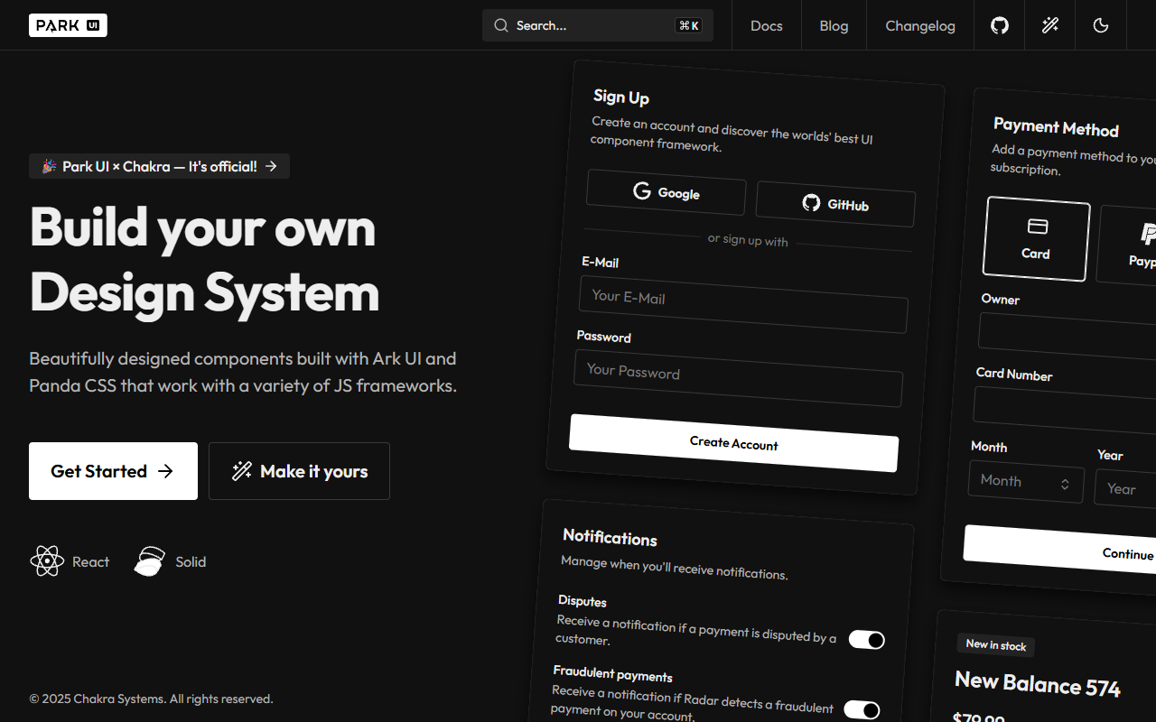 Park UI homepage highlighting framework-agnostic headless components built on Ark UI with Tailwind CSS and Panda CSS support
