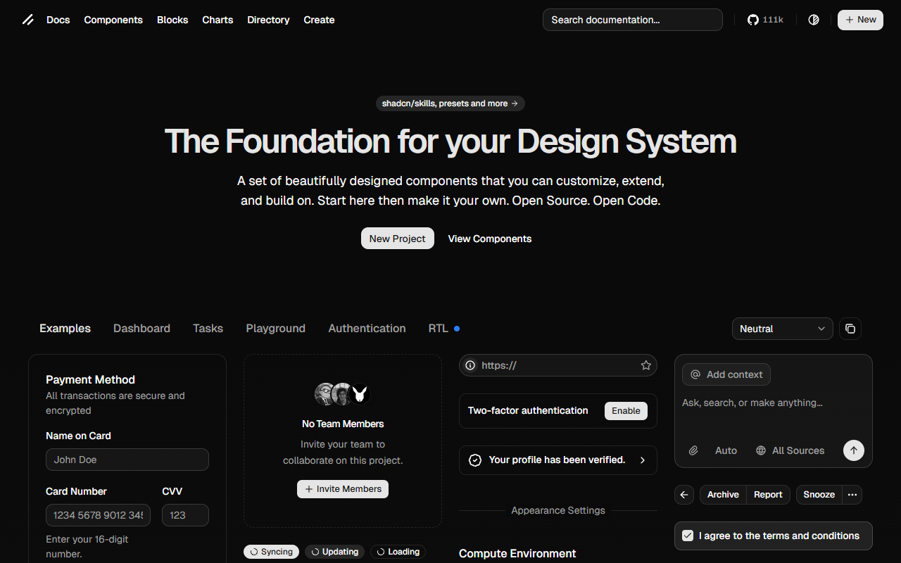 shadcn/ui homepage showing accessible, copy-paste React components built on Radix UI primitives