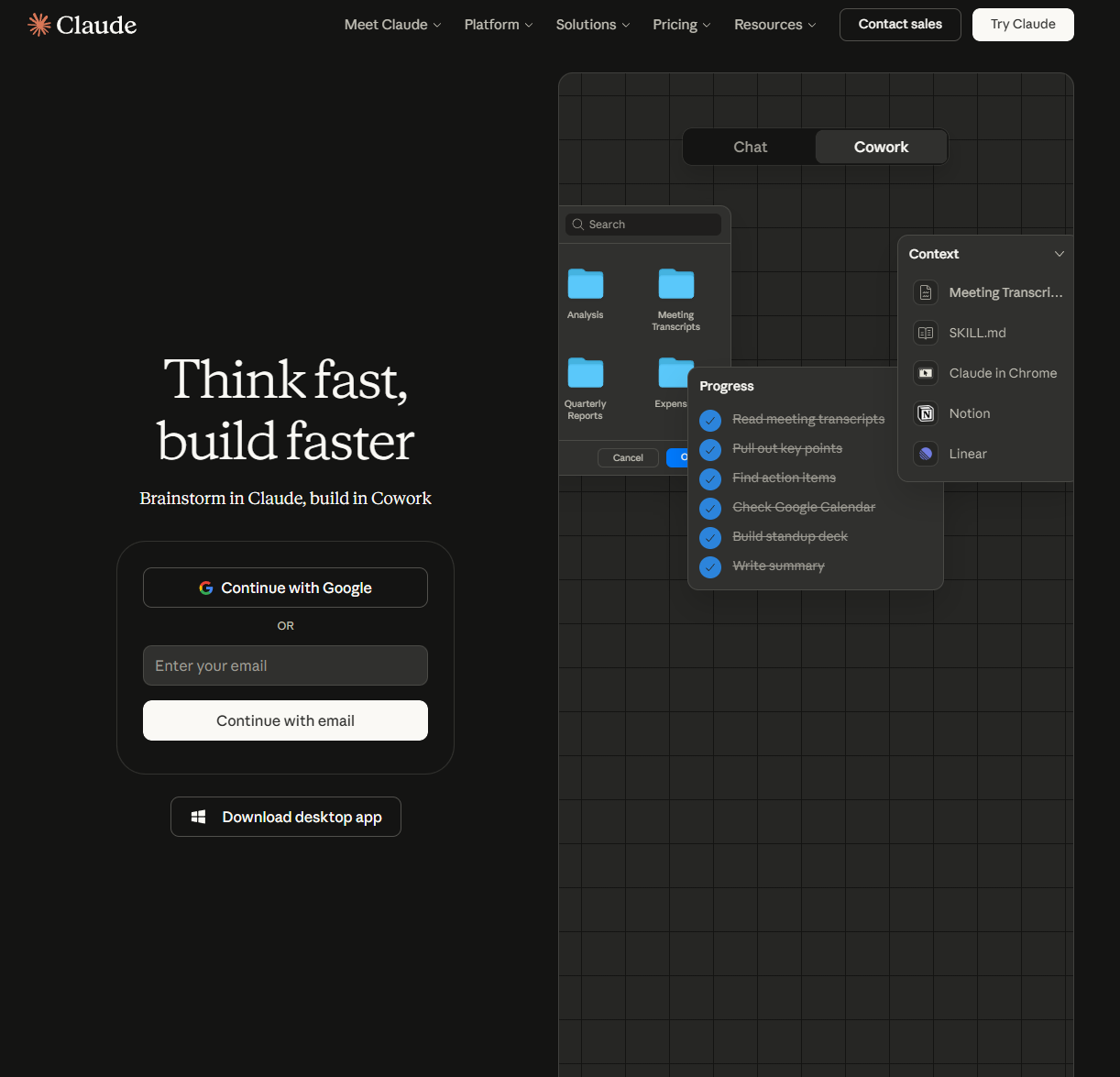Screenshot of Claude homepage offering advanced conversational AI