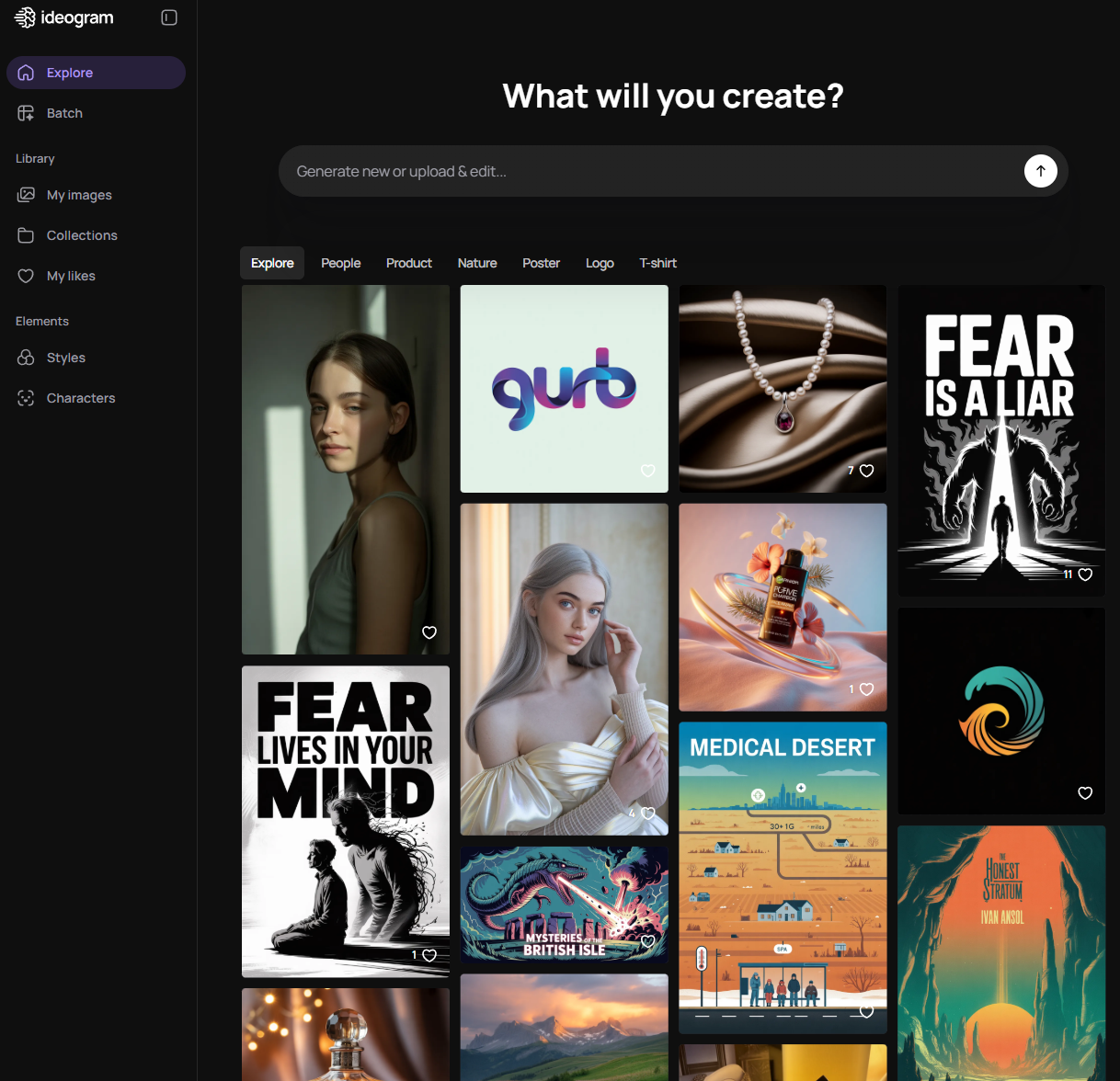 Screenshot of Ideogram homepage showing AI generated designs