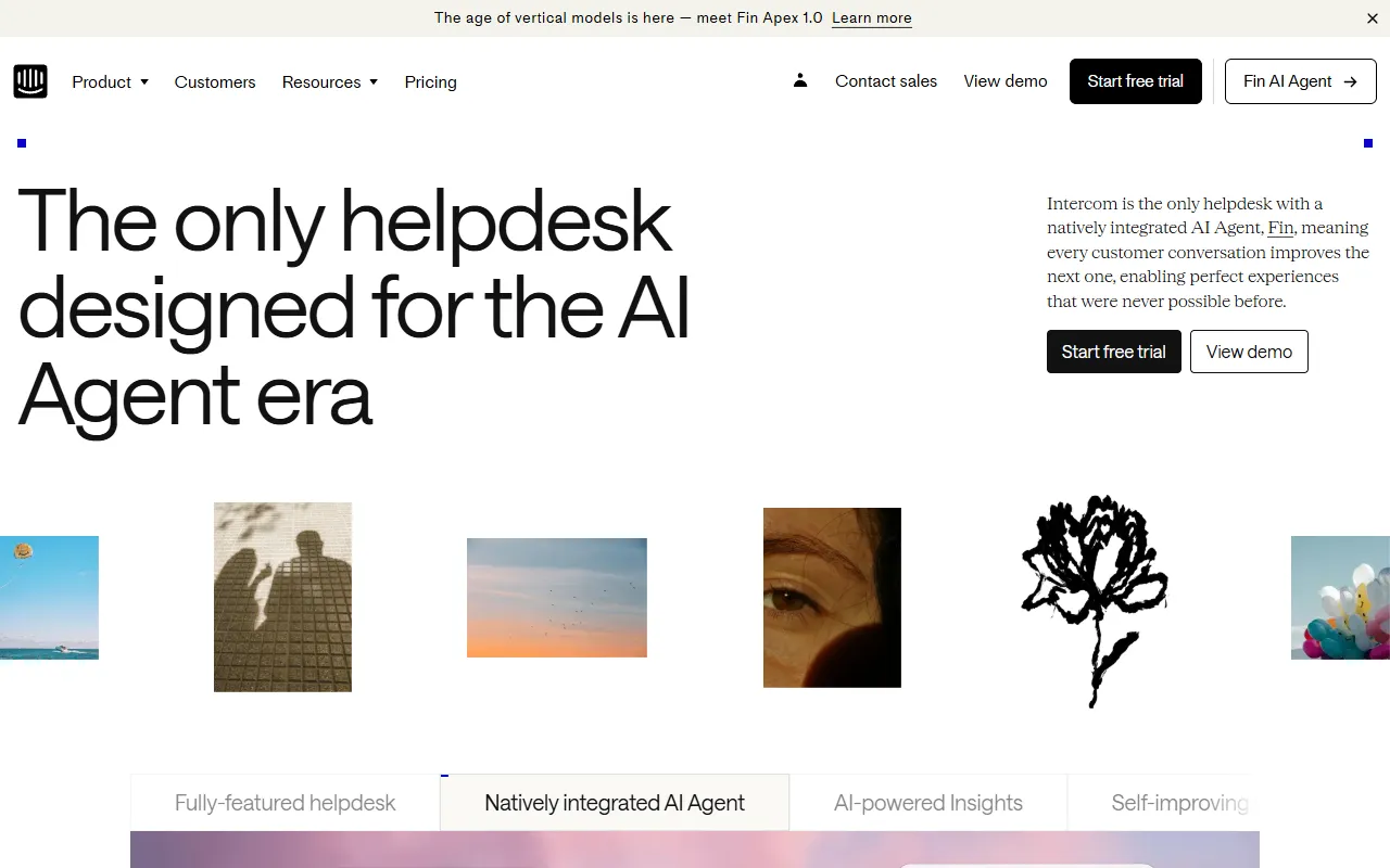 Screenshot of Intercom homepage featuring Fin AI Bot