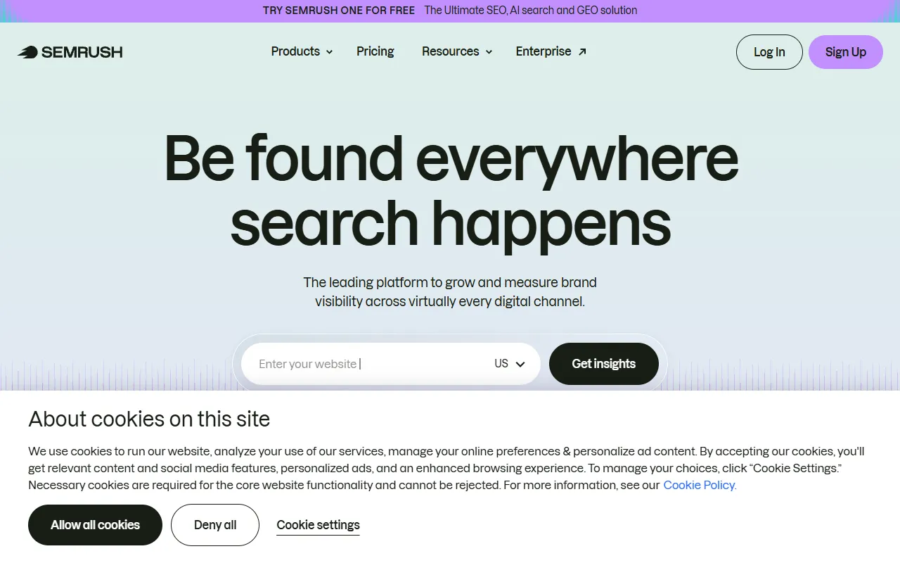 Screenshot of Semrush homepage showing SEO analytics