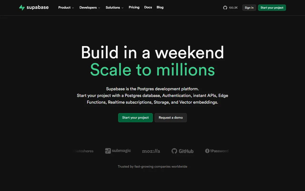Screenshot of Supabase homepage with its database features