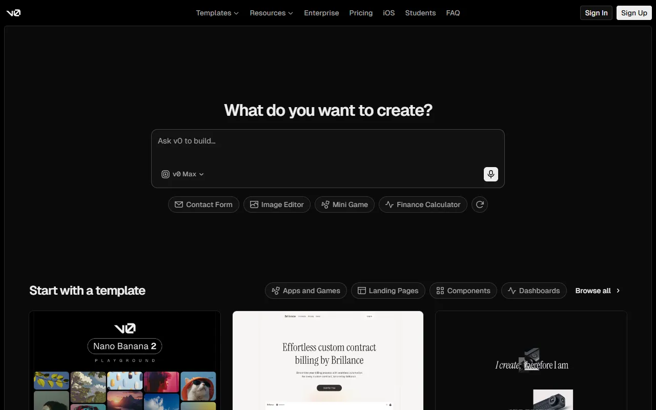 Screenshot of Vercel v0 generative UI prompt interface