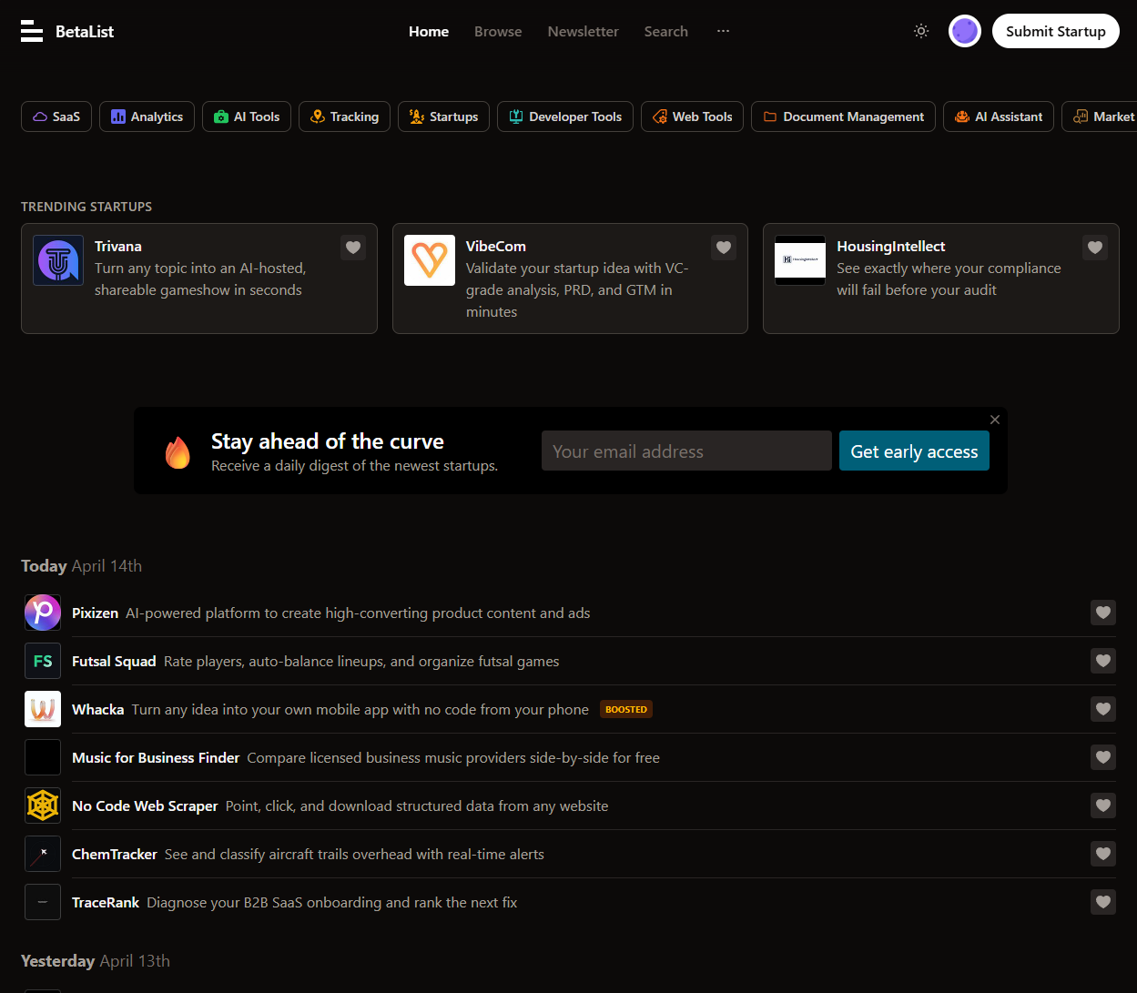 BetaList platform homepage