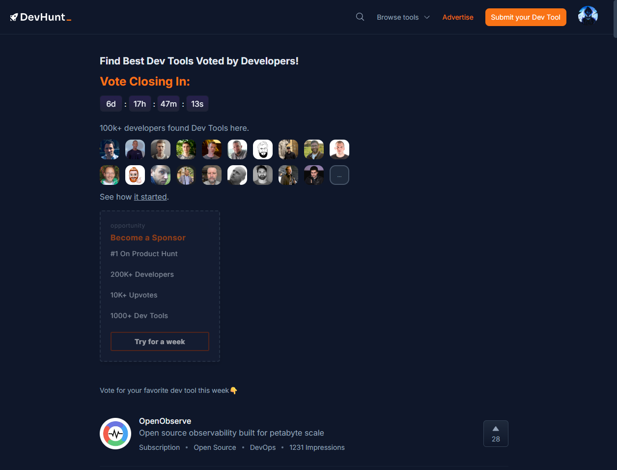 Dev Hunt platform homepage