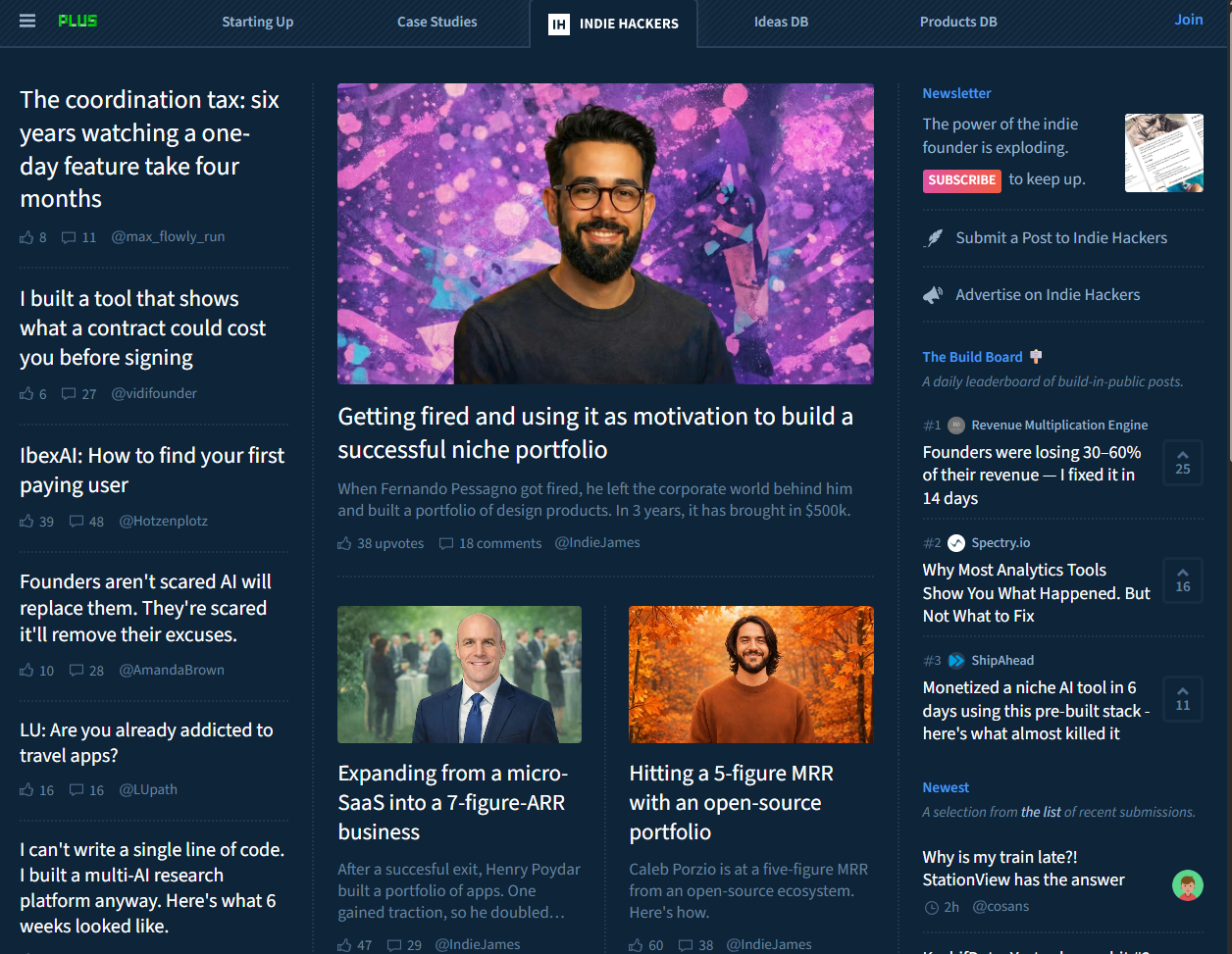 Indie Hackers platform homepage
