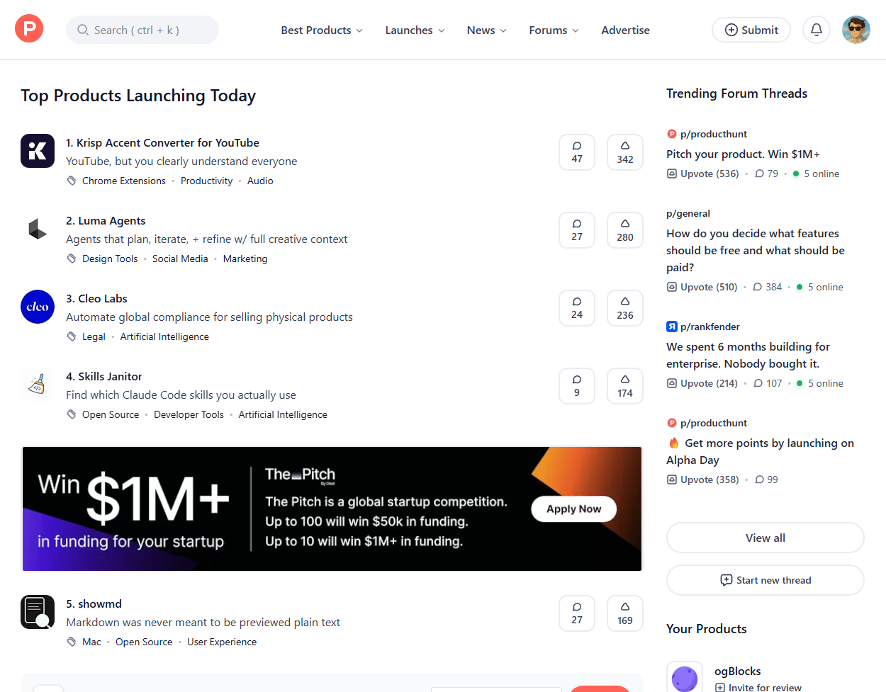 Product Hunt platform homepage
