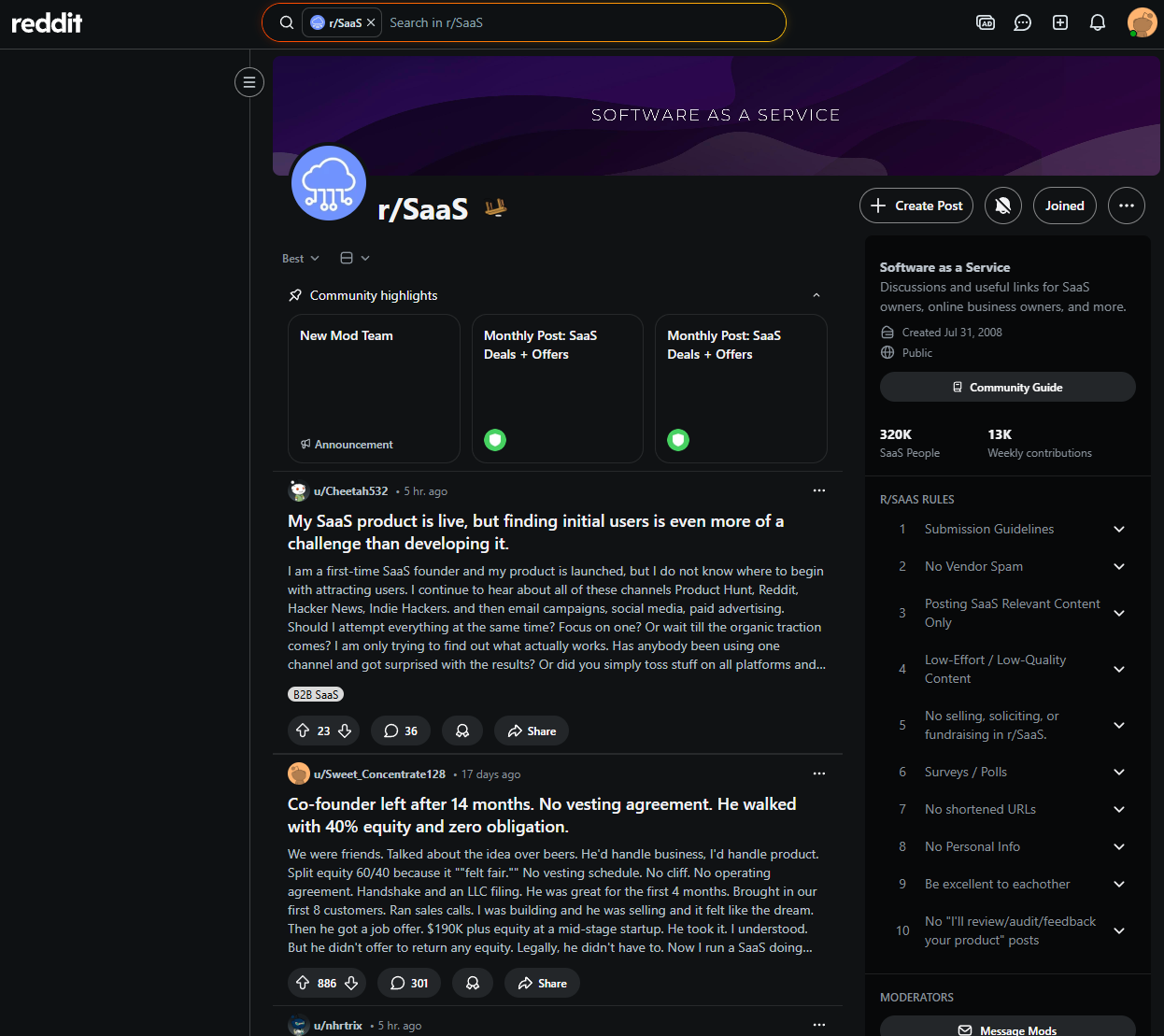Reddit SaaS community homepage