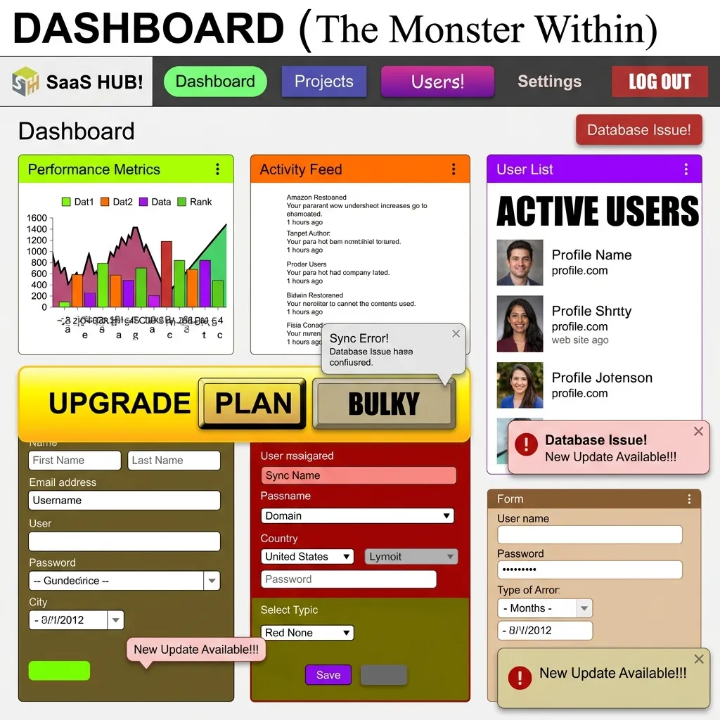 Chaotic SaaS dashboard showing the Frankenstein UI problem