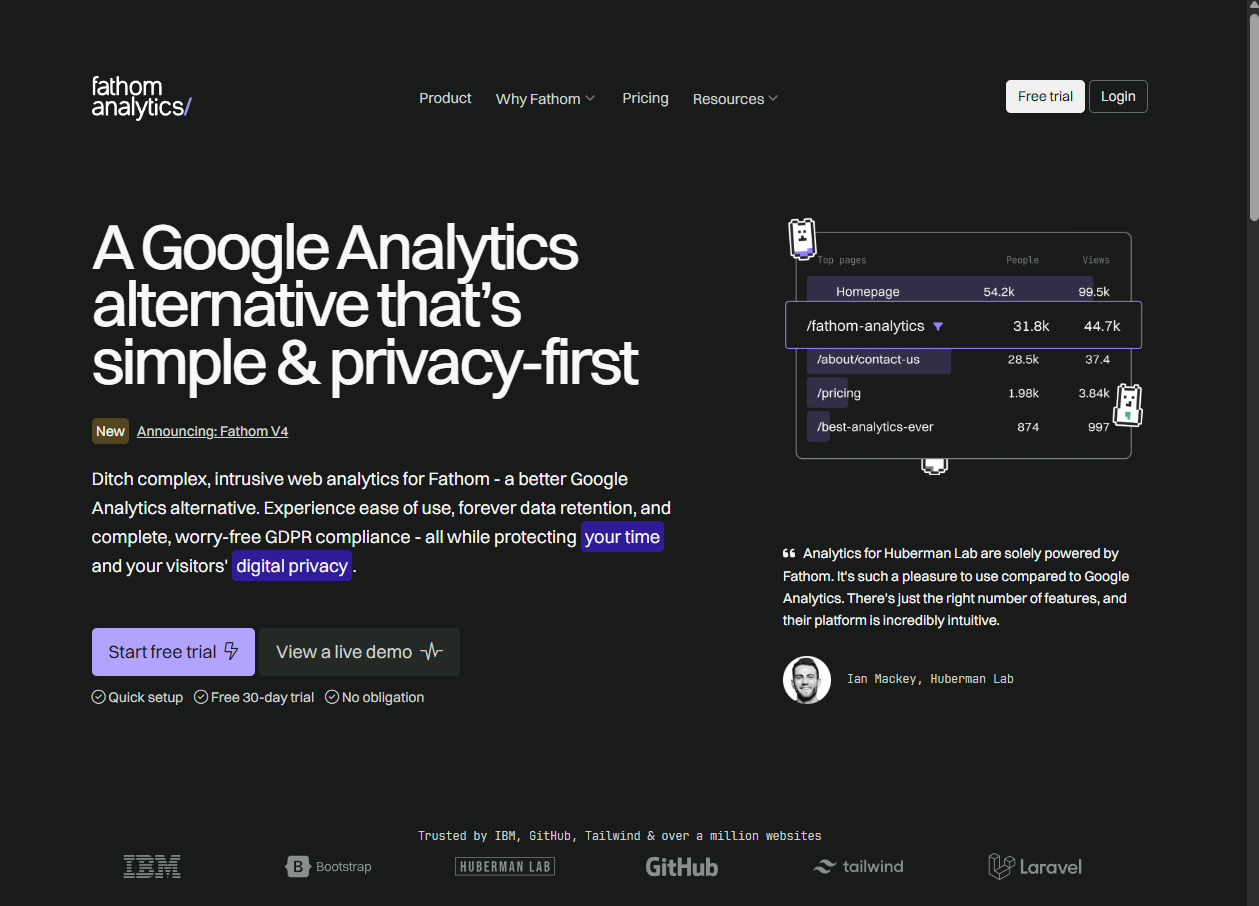 Fathom Analytics homepage - privacy meets enterprise analytics features