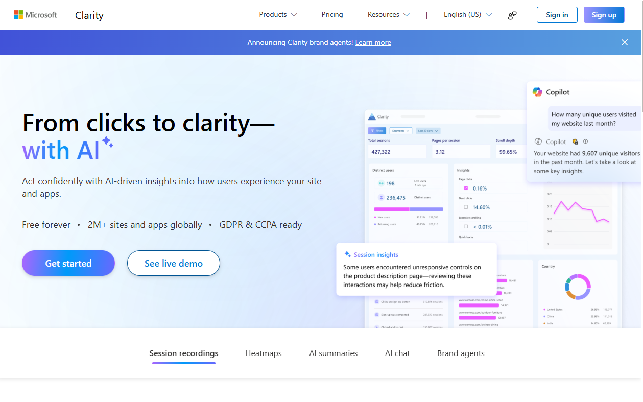 Microsoft Clarity homepage - free heatmap and session recording tool