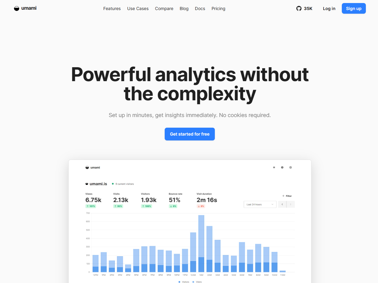 Umami Analytics homepage - free self-hosted Google Analytics alternative