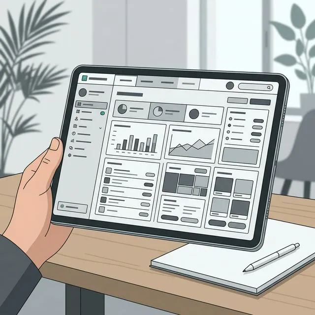 Founder reviewing a complex SaaS dashboard architecture on a digital tablet