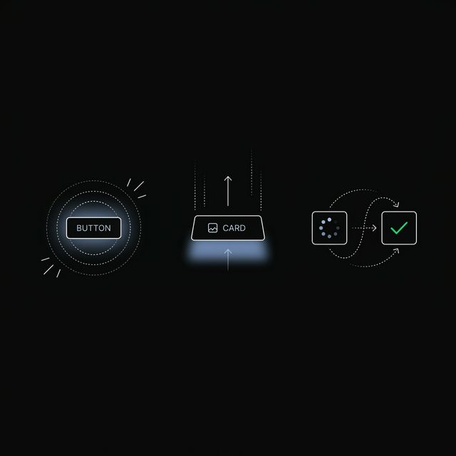 Minimal illustration of UI micro-interactions showing hover scale and transition animation paths