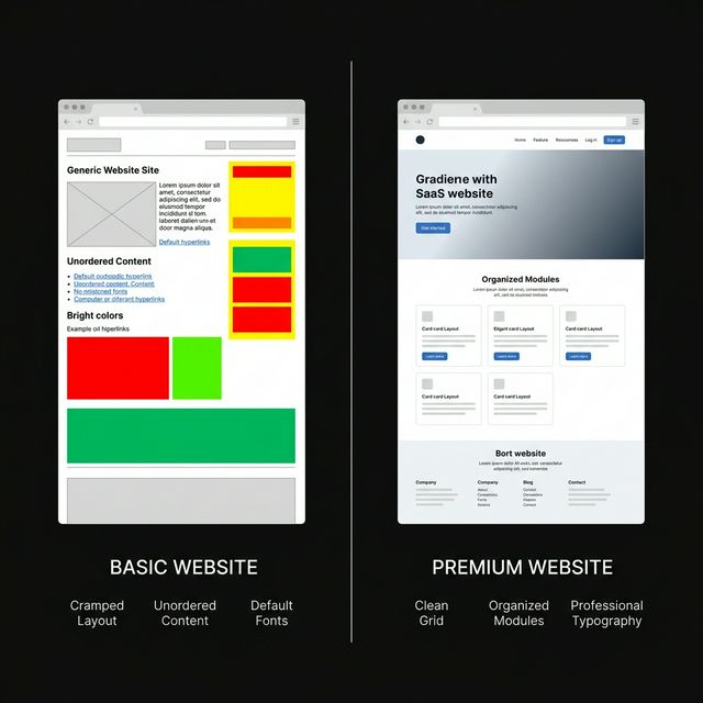 Side by side comparison of a basic generic website versus a polished premium SaaS website