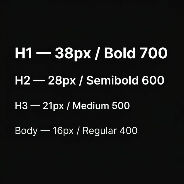 Typography hierarchy reference showing H1 H2 H3 and body text sizes with font weights on dark background