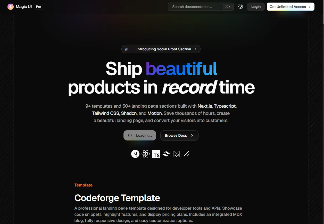 Magic UI Pro landing page template preview