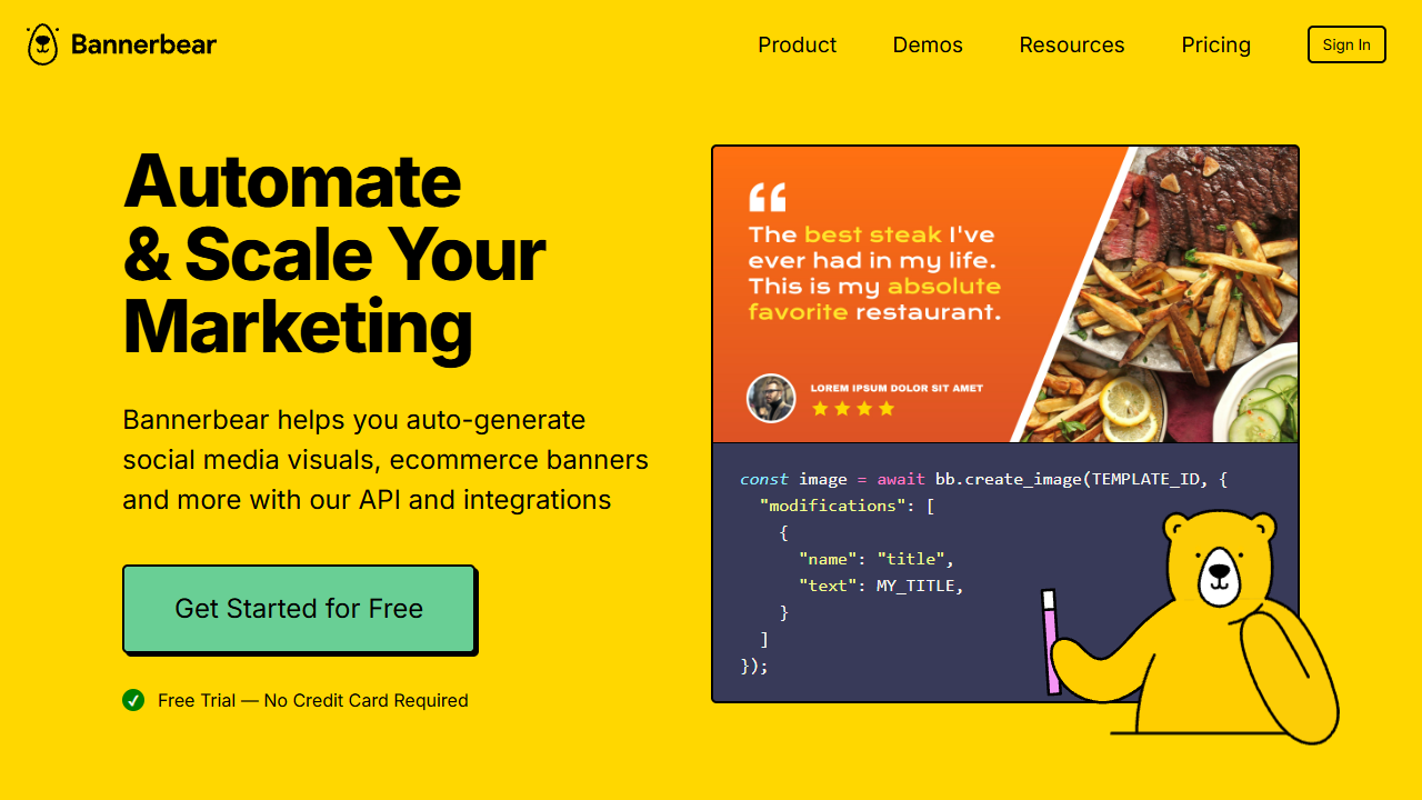 Bannerbear landing page showing developer-focused API code snippets and image generation outputs.