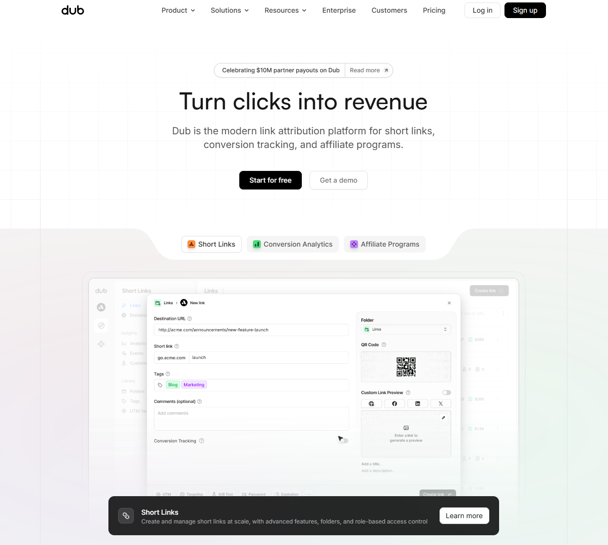 Dub.co homepage featuring elegant bento grid analytics and polished dark mode gradients.