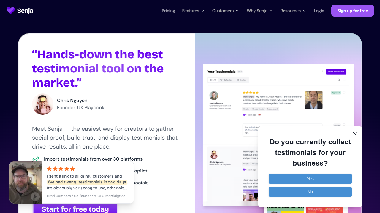 Senja landing page showcasing playful colorful testimonial widgets and conversational proof elements.