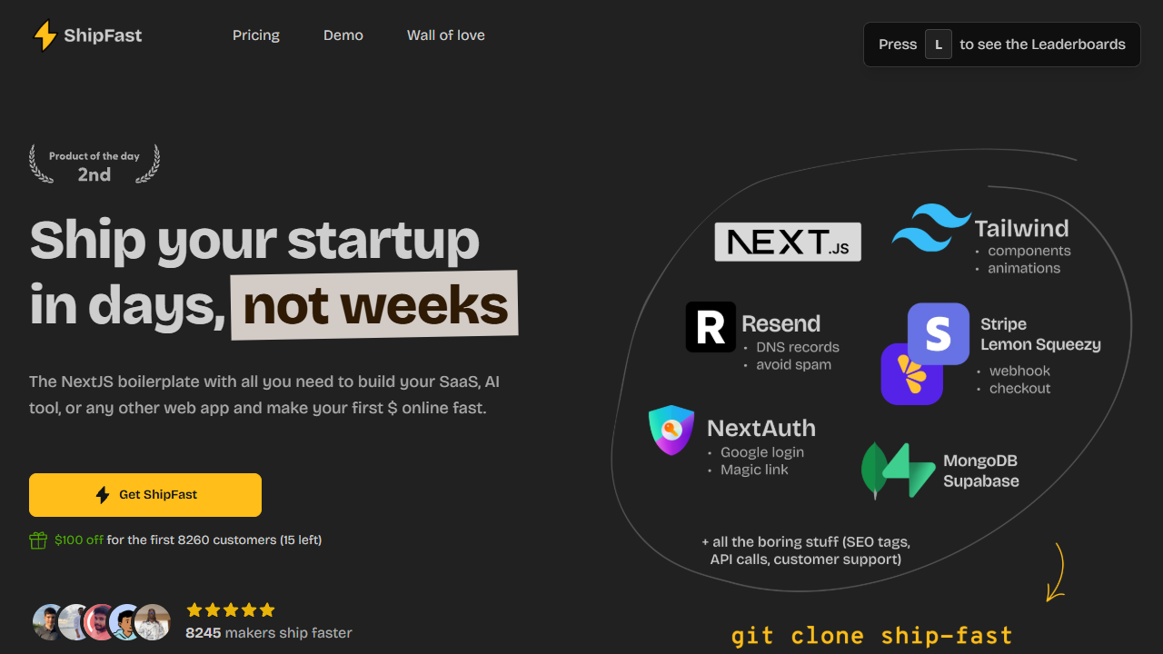 ShipFast SaaS hero section featuring a 'Wall of Love' Twitter testimonial grid and high-contrast CTA buttons.