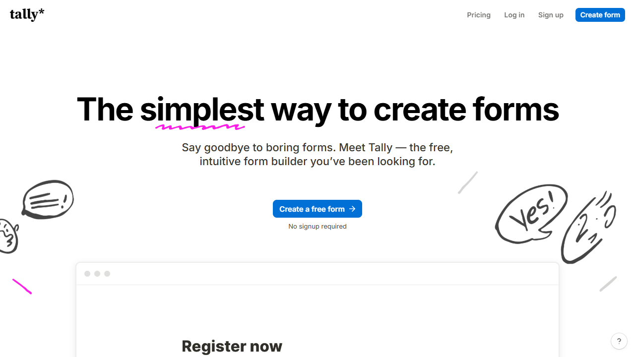 Tally.so Notion-style minimalist form builder interface using clean black and white design.