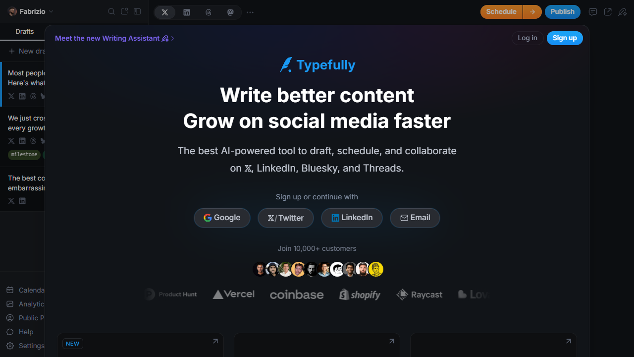 Typefully minimalist writing interface with heavy focus on whitespace and crisp typography.