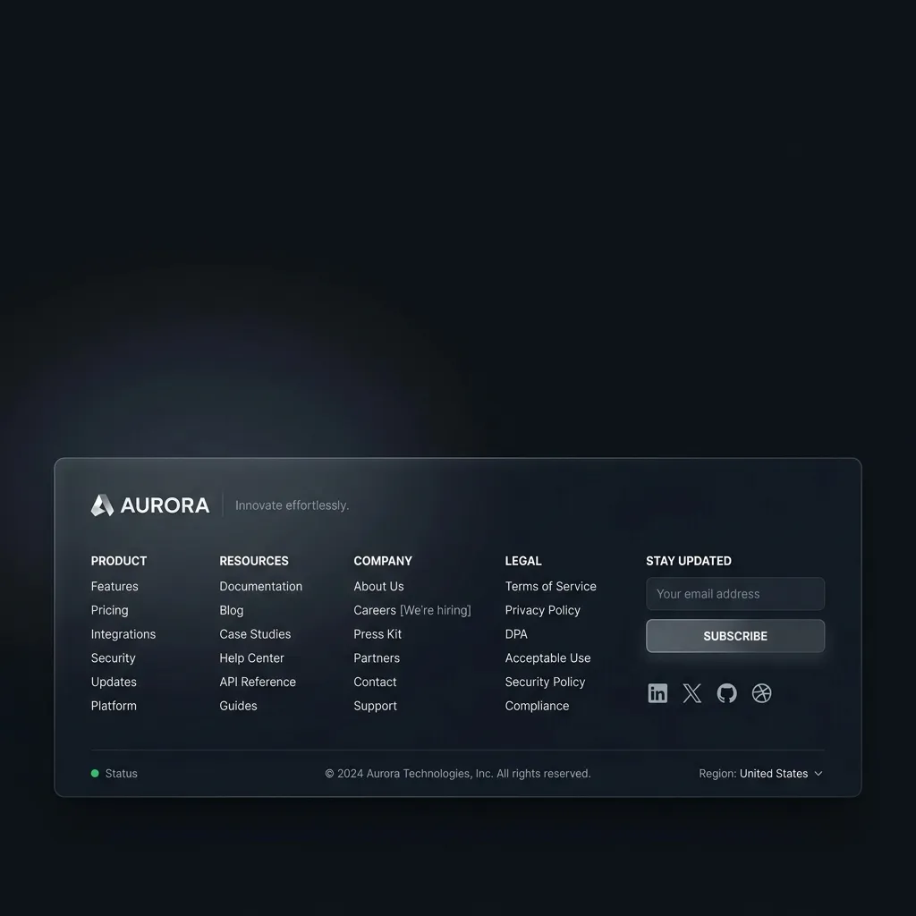 High-end minimal UI design of a modern SaaS website footer in dark mode