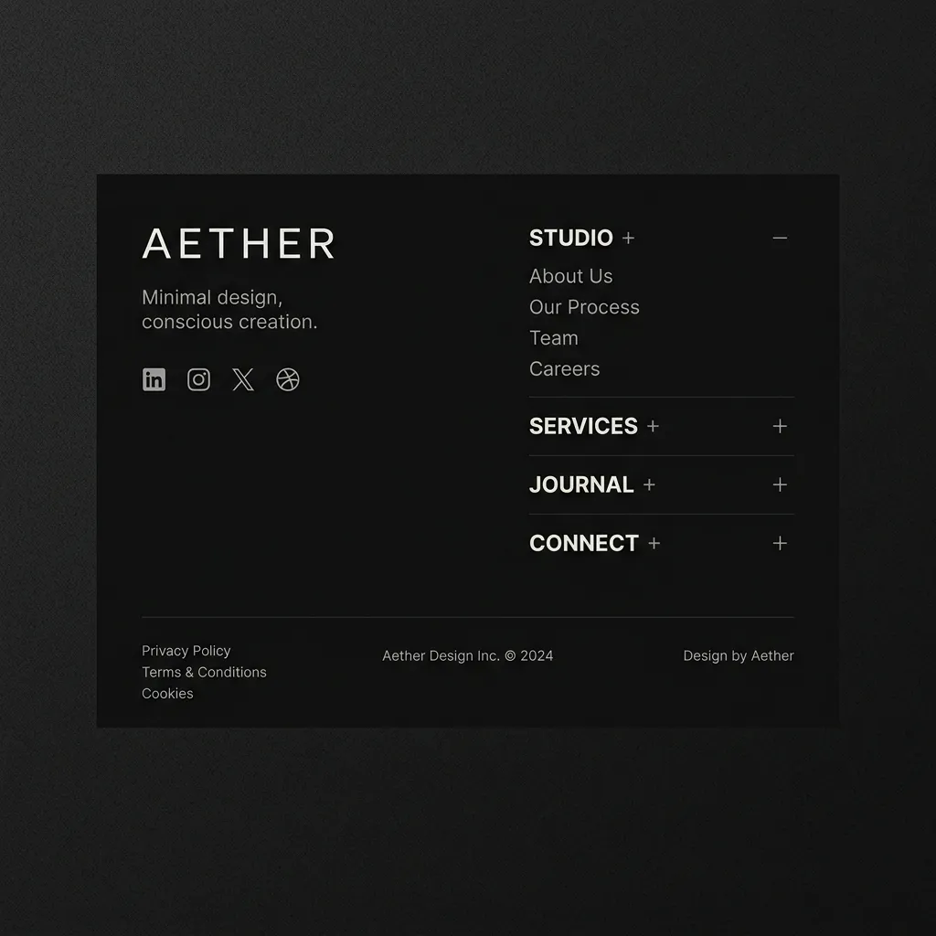 High-end minimal UI design of a mobile responsive website footer with an accordion menu