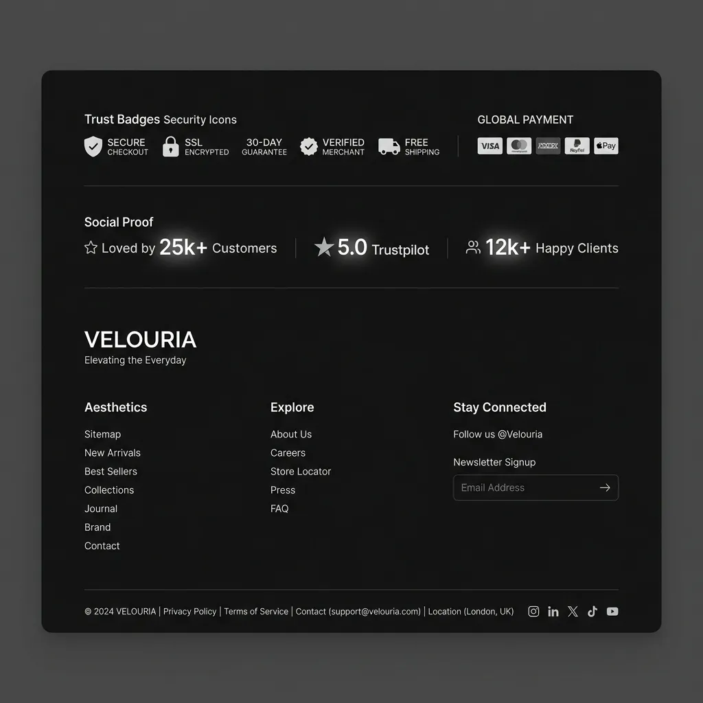High-end minimal UI design of a website footer section highlighting trust badges and social proof