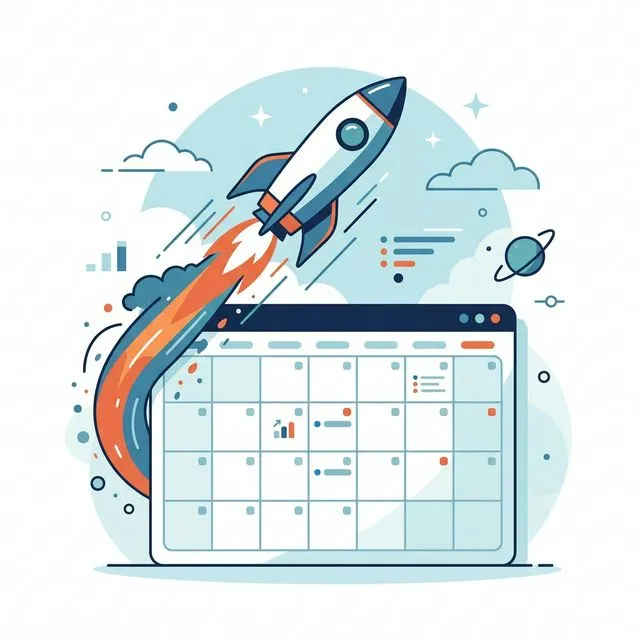 Speed to market graphic showing a rocket launching from a digital calendar