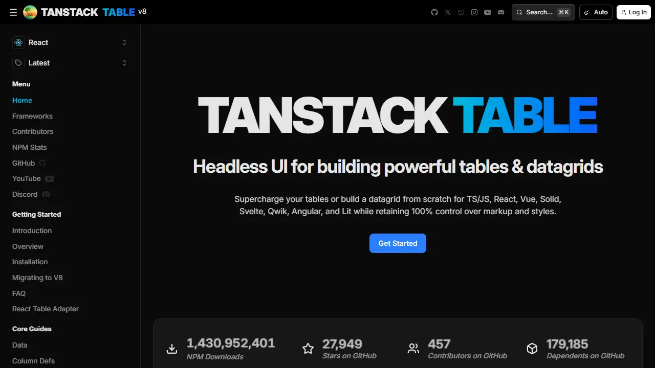 TanStack Table Homepage